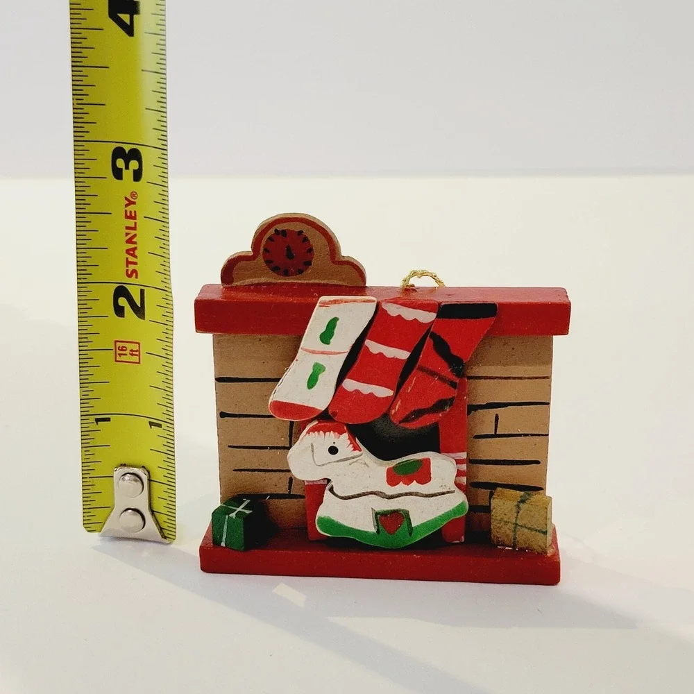 Vintage Fireplace Handmade Wood Christmas Stockings Ornament Rare!